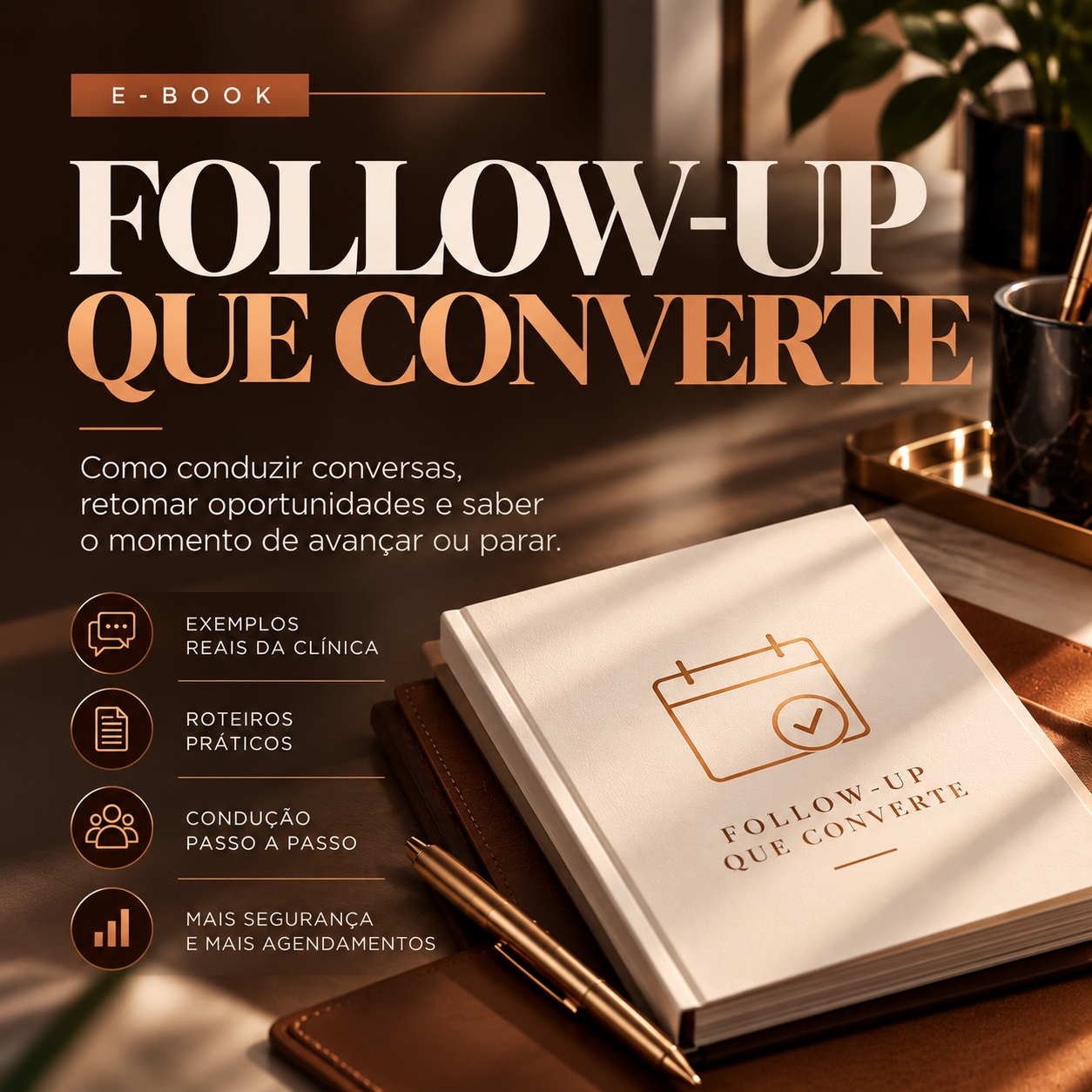 Capa do e-book Follow-up que Converte, com um livro sobre uma mesa e detalhes em cobre